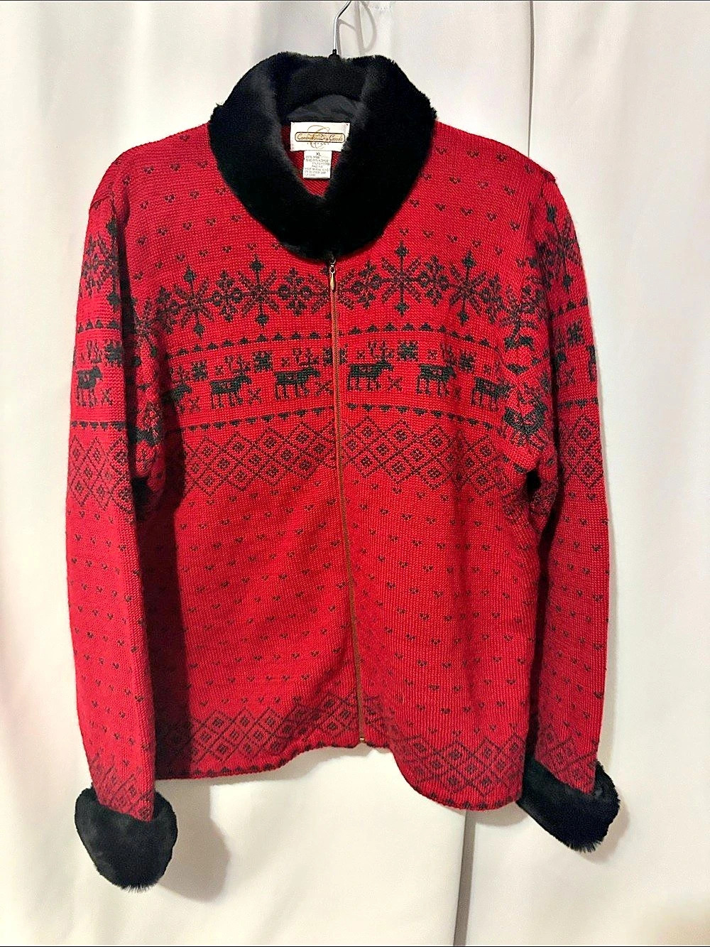 Canada Weather Gear Red Black Faux Fur Trim Jacket Size XL